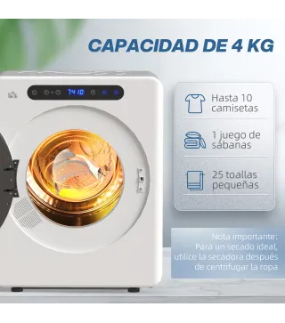 Secadora de Evacuación 3 KG 1000W Función Antiarrugas Función Esterilizar Temporizador Pantalla LED Táctil Blanco