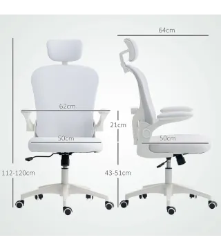 Silla de Oficina de Malla con Respaldo Alto Reposacabezas Ajustable Soporte Lumbar 4D 62x64x120 cm Blanco