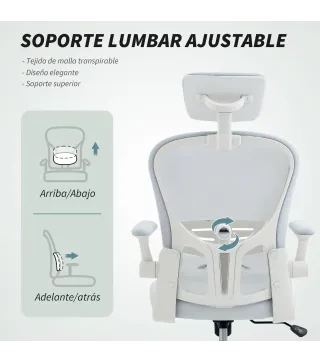 Silla de Oficina de Malla con Respaldo Alto Reposacabezas Ajustable Soporte Lumbar 4D 62x64x120 cm Blanco