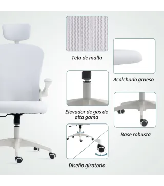 Silla de Oficina de Malla con Respaldo Alto Reposacabezas Ajustable Soporte Lumbar 4D 62x64x120 cm Blanco