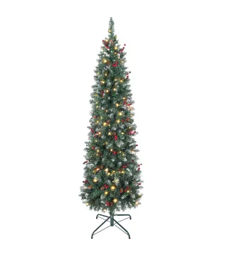 Árbol de Navidad Artificial Estrecho 180 cm con Luces LED 7 Modos de Iluminación 461 Ramas Piñas Bayas y Soporte Verde