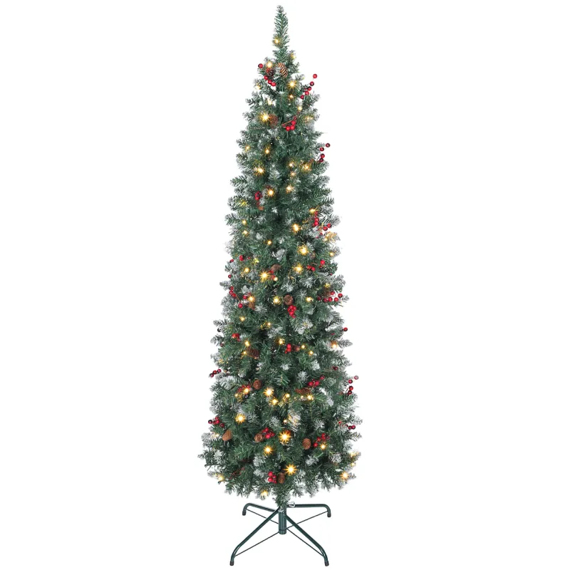 Árbol de Navidad Artificial Estrecho 180 cm con Luces LED 7 Modos de Iluminación 461 Ramas Piñas Bayas y Soporte Verde
