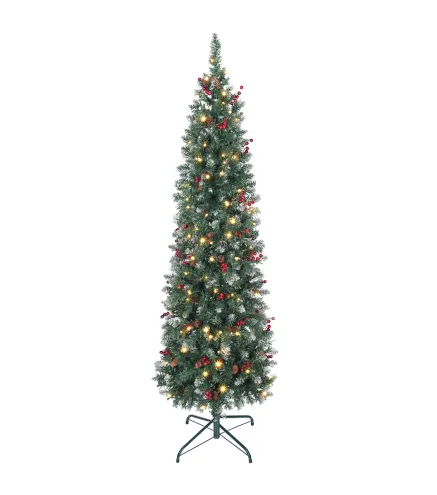 Árbol de Navidad Artificial Estrecho 180 cm con Luces LED 7 Modos de Iluminación 461 Ramas Piñas Bayas y Soporte Verde