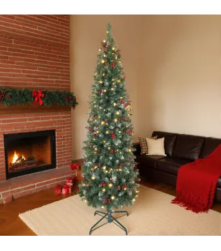 Árbol de Navidad Artificial Estrecho 180 cm con Luces LED 7 Modos de Iluminación 461 Ramas Piñas Bayas y Soporte Verde