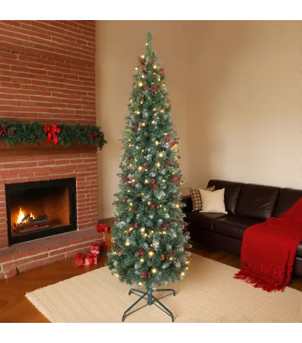 Árbol de Navidad Artificial Estrecho 180 cm con Luces LED 7 Modos de Iluminación 461 Ramas Piñas Bayas y Soporte Verde