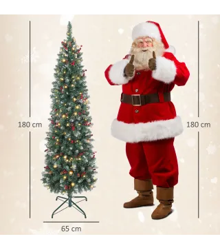 Árbol de Navidad Artificial Estrecho 180 cm con Luces LED 7 Modos de Iluminación 461 Ramas Piñas Bayas y Soporte Verde