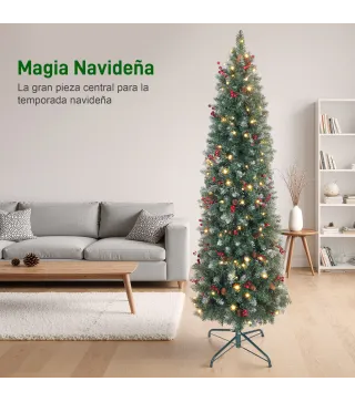 Árbol de Navidad Artificial Estrecho 180 cm con Luces LED 7 Modos de Iluminación 461 Ramas Piñas Bayas y Soporte Verde