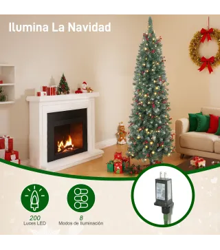 Árbol de Navidad Artificial Estrecho 180 cm con Luces LED 7 Modos de Iluminación 461 Ramas Piñas Bayas y Soporte Verde
