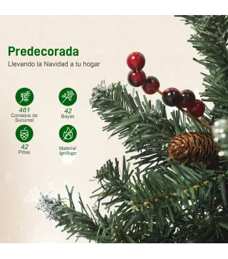 Árbol de Navidad Artificial Estrecho 180 cm con Luces LED 7 Modos de Iluminación 461 Ramas Piñas Bayas y Soporte Verde