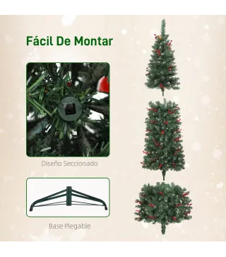 Árbol de Navidad Artificial Estrecho 180 cm con Luces LED 7 Modos de Iluminación 461 Ramas Piñas Bayas y Soporte Verde