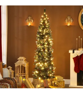 Árbol de Navidad Artificial Estrecho 180 cm con Luces LED 7 Modos de Iluminación 461 Ramas Piñas Bayas y Soporte Verde