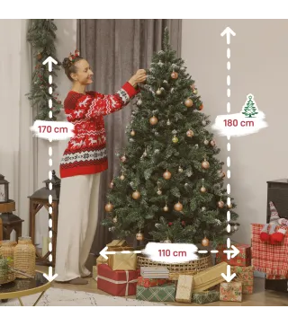 Árbol de Navidad de Abeto 180 cm con Luces LED 9 Modos de Iluminación 802 Ramas con Nieve Artificial Verde