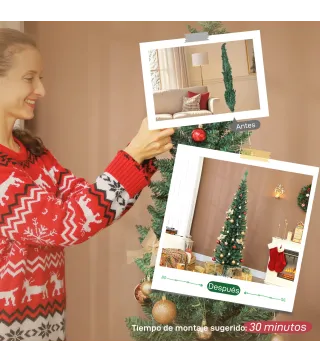 Árbol de Navidad Estrecho 180 cm con 321 Ramas Soporte Metálico Fácil de Montar para Interior Verde