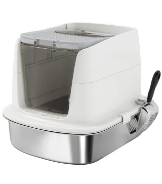 Arenero para Gatos de Acero Inoxidable L con Tapa Abatible Pala Metálica Bolsa Desodorizante Fácil de Limpiar Blanco