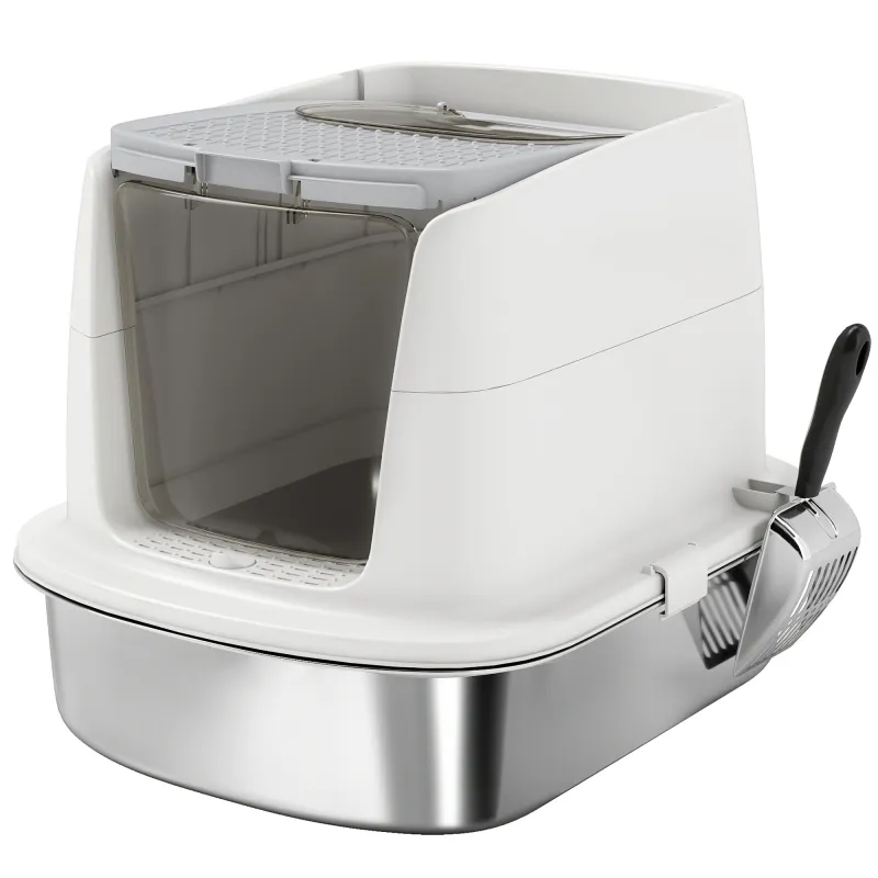 Arenero para Gatos de Acero Inoxidable L con Tapa Abatible Pala Metálica Bolsa Desodorizante Fácil de Limpiar Blanco