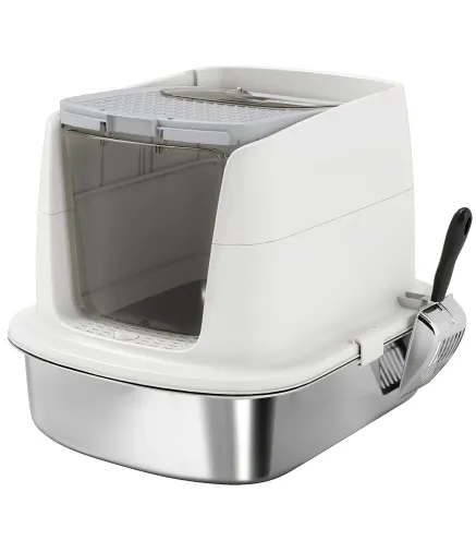 Arenero para Gatos de Acero Inoxidable L con Tapa Abatible Pala Metálica Bolsa Desodorizante Fácil de Limpiar Blanco