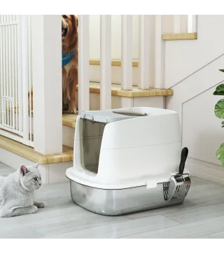 Arenero para Gatos de Acero Inoxidable L con Tapa Abatible Pala Metálica Bolsa Desodorizante Fácil de Limpiar Blanco