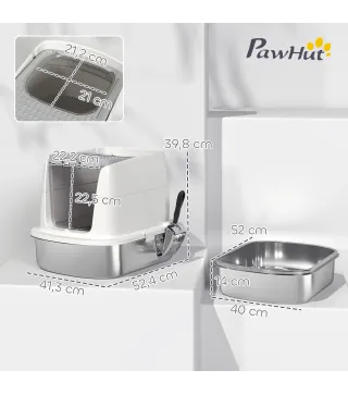 Arenero para Gatos de Acero Inoxidable L con Tapa Abatible Pala Metálica Bolsa Desodorizante Fácil de Limpiar Blanco