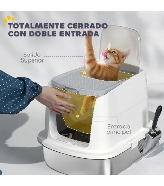 Arenero para Gatos de Acero Inoxidable L con Tapa Abatible Pala Metálica Bolsa Desodorizante Fácil de Limpiar Blanco