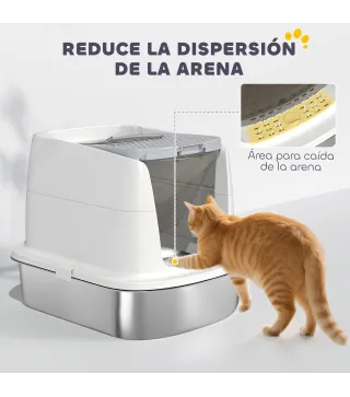 Arenero para Gatos de Acero Inoxidable L con Tapa Abatible Pala Metálica Bolsa Desodorizante Fácil de Limpiar Blanco