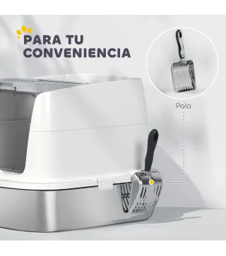 Arenero para Gatos de Acero Inoxidable L con Tapa Abatible Pala Metálica Bolsa Desodorizante Fácil de Limpiar Blanco