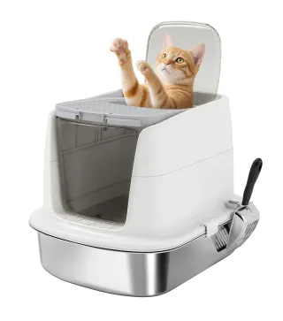 Arenero para Gatos de Acero Inoxidable L con Tapa Abatible Pala Metálica Bolsa Desodorizante Fácil de Limpiar Blanco