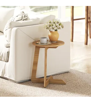 Mesa Auxiliar en Forma de C Mesita Auxiliar Redonda Montaje Rápido para Espacios Pequeños Salón Dormitorio Natural