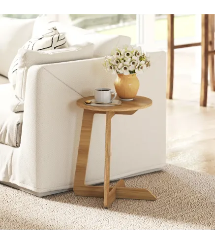 Mesa Auxiliar en Forma de C Mesita Auxiliar Redonda Montaje Rápido para Espacios Pequeños Salón Dormitorio Natural