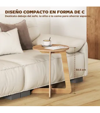Mesa Auxiliar en Forma de C Mesita Auxiliar Redonda Montaje Rápido para Espacios Pequeños Salón Dormitorio Natural