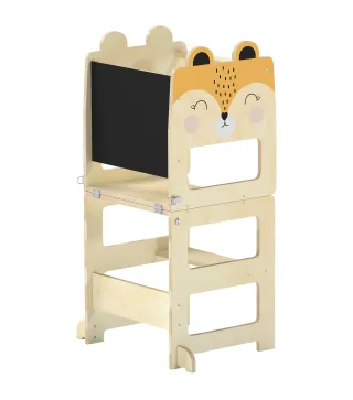 Torre de Aprendizaje 3 en 1 Plegable Convertible en Escritorio y Silla con Pizarra Dibujos de Zorros Natural