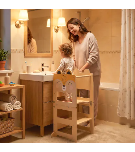 Torre de Aprendizaje 3 en 1 Plegable Convertible en Escritorio y Silla con Pizarra Dibujos de Zorros Natural