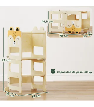 Torre de Aprendizaje 3 en 1 Plegable Convertible en Escritorio y Silla con Pizarra Dibujos de Zorros Natural