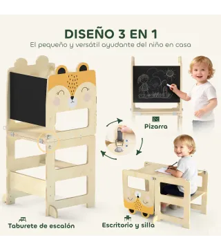 Torre de Aprendizaje 3 en 1 Plegable Convertible en Escritorio y Silla con Pizarra Dibujos de Zorros Natural