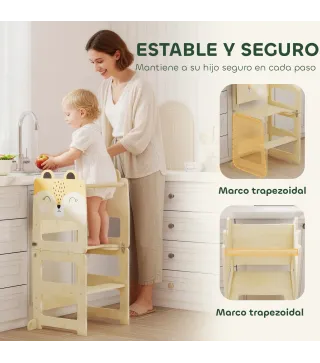 Torre de Aprendizaje 3 en 1 Plegable Convertible en Escritorio y Silla con Pizarra Dibujos de Zorros Natural