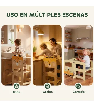 Torre de Aprendizaje 3 en 1 Plegable Convertible en Escritorio y Silla con Pizarra Dibujos de Zorros Natural