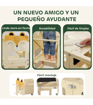 Torre de Aprendizaje 3 en 1 Plegable Convertible en Escritorio y Silla con Pizarra Dibujos de Zorros Natural
