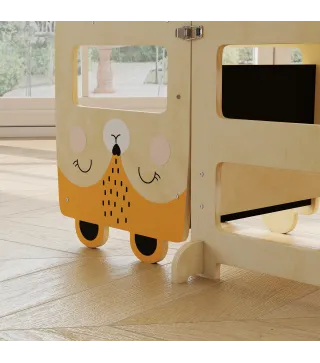 Torre de Aprendizaje 3 en 1 Plegable Convertible en Escritorio y Silla con Pizarra Dibujos de Zorros Natural