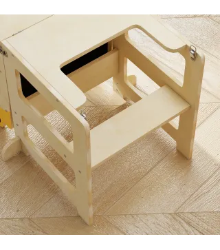 Torre de Aprendizaje 3 en 1 Plegable Convertible en Escritorio y Silla con Pizarra Dibujos de Zorros Natural