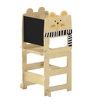 Torre de Aprendizaje 3 en 1 Plegable Convertible en Escritorio y Silla con Pizarra Dibujos de Gatos Natural