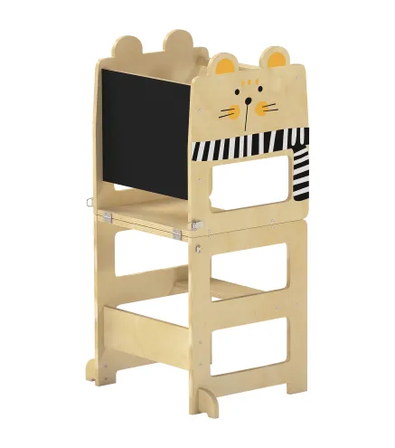 Torre de Aprendizaje 3 en 1 Plegable Convertible en Escritorio y Silla con Pizarra Dibujos de Gatos Natural