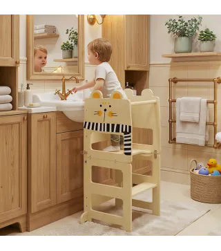 Torre de Aprendizaje 3 en 1 Plegable Convertible en Escritorio y Silla con Pizarra Dibujos de Gatos Natural