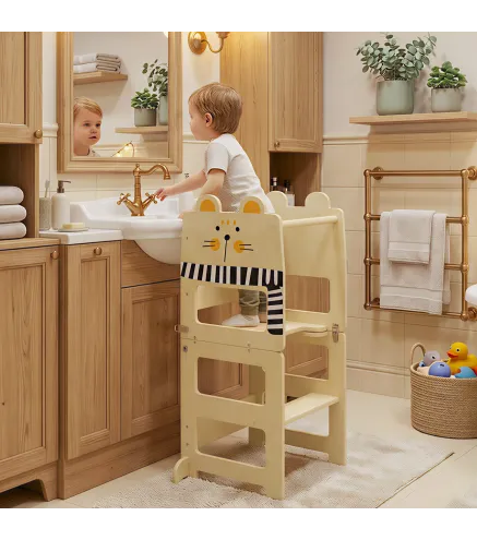 Torre de Aprendizaje 3 en 1 Plegable Convertible en Escritorio y Silla con Pizarra Dibujos de Gatos Natural