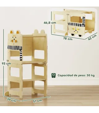 Torre de Aprendizaje 3 en 1 Plegable Convertible en Escritorio y Silla con Pizarra Dibujos de Gatos Natural