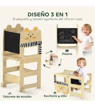 Torre de Aprendizaje 3 en 1 Plegable Convertible en Escritorio y Silla con Pizarra Dibujos de Gatos Natural