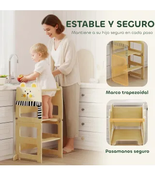 Torre de Aprendizaje 3 en 1 Plegable Convertible en Escritorio y Silla con Pizarra Dibujos de Gatos Natural