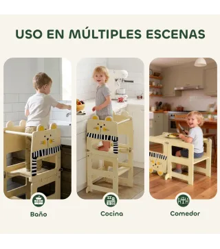 Torre de Aprendizaje 3 en 1 Plegable Convertible en Escritorio y Silla con Pizarra Dibujos de Gatos Natural