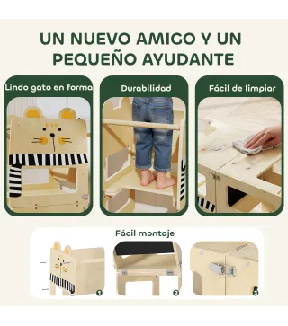 Torre de Aprendizaje 3 en 1 Plegable Convertible en Escritorio y Silla con Pizarra Dibujos de Gatos Natural