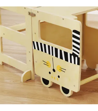 Torre de Aprendizaje 3 en 1 Plegable Convertible en Escritorio y Silla con Pizarra Dibujos de Gatos Natural