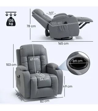 Sillón de Masaje Giratorio Sillón Relax Reclinable con 8 Puntos de Masaje Función de Calefacción 82x99x103 cm Gris