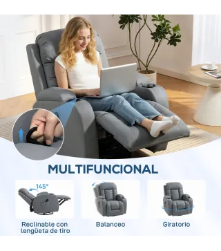 Sillón de Masaje Giratorio Sillón Relax Reclinable con 8 Puntos de Masaje Función de Calefacción 82x99x103 cm Gris